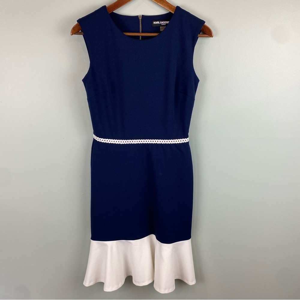 Karl Lagerfeld Navy & White sheath Flounce hem knee length dress Occasion Wear 2
